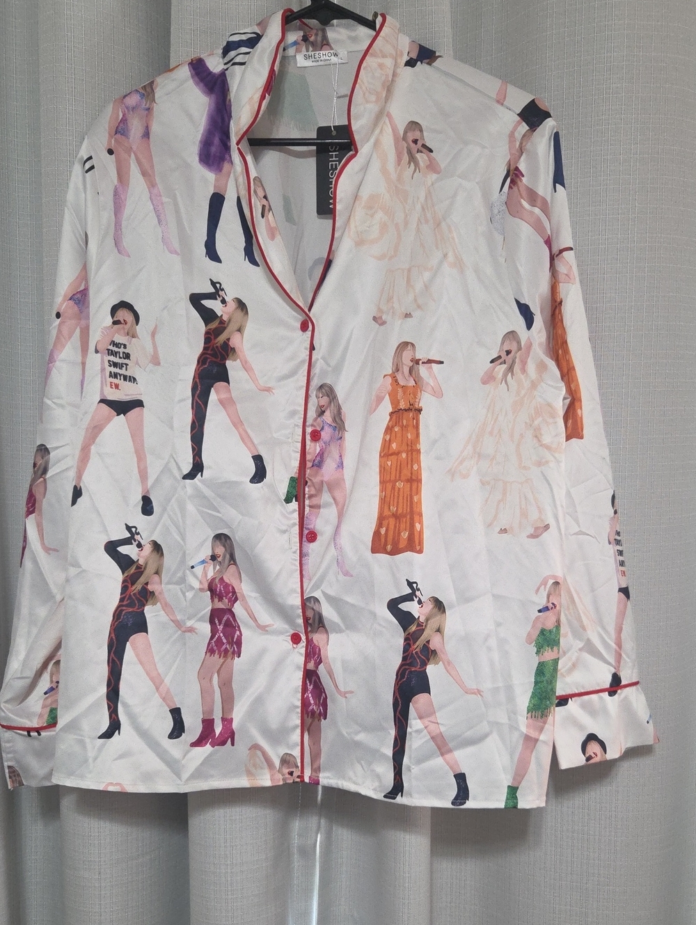 🎃Taylor Swift White Printed Satin Jammy Shirt- Multi-Color Artist Print